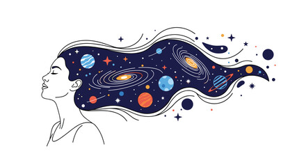 Woman's profile with flowing hair depicting a cosmic landscape of galaxies, planets, and stars, symbolizing imagination, dreams, and the universe within.