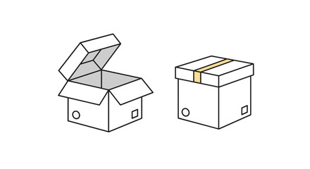 An open cardboard box stands beside a sealed, closed cardboard box, both featuring circular and square cutouts on their sides.