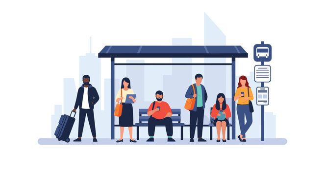 Diverse group of people waiting for public transportation at a modern bus stop in a city setting, some checking phones or carrying luggage.