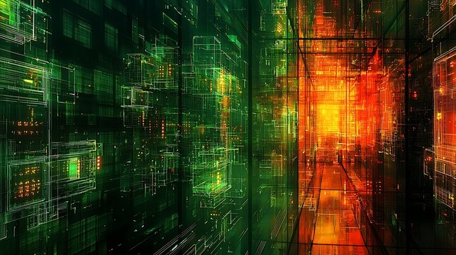 Futuristic digital cityscape with glowing green and orange lines, depicting technology networks, data streams, and AI concepts in cyberspace. - Powered by Adobe