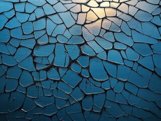 sunlit blue mosaic of irregular cracked shards with dark seams and glossy reflection, calm fractured abstract texture