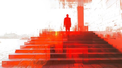 Businessman silhouette on abstract red staircase overlooking a digital cityscape, representing ambition and success