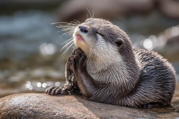 Obraz premium A cute otter pup grooming its wet fur by a river