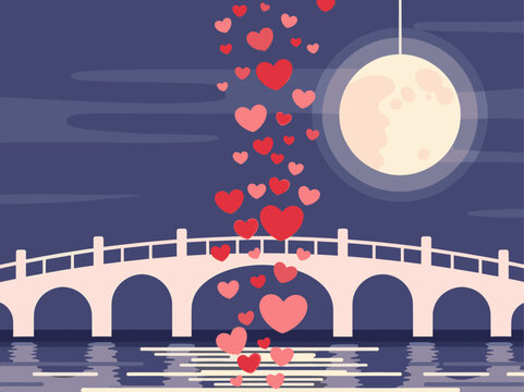 Hearts Falling on Bridge at Night Illustration