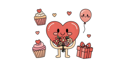 Cute Heart Character with Gifts Valentine Illustration PNG