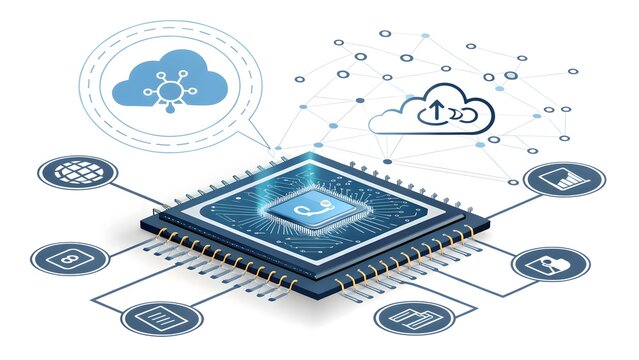 Central processing unit chip connected to various digital services and cloud computing icons representing data processing and network integration, isolated on white background - Powered by Adobe