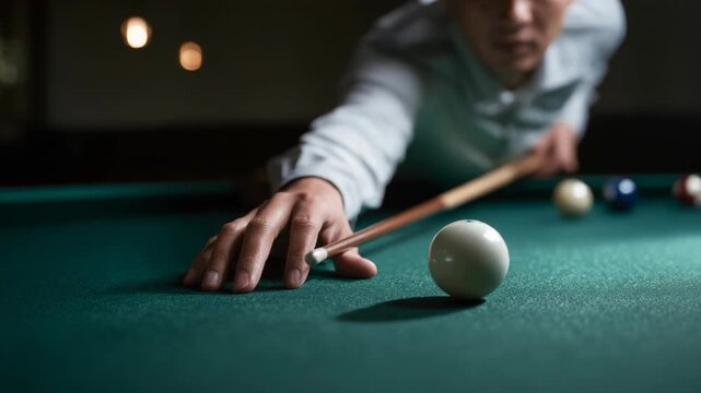 Focused man playing pool, aiming a cue ball, billiard table, indoors