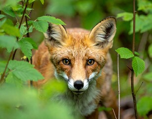 Close-up of a red fox peering inquisitively from lush green foliage
