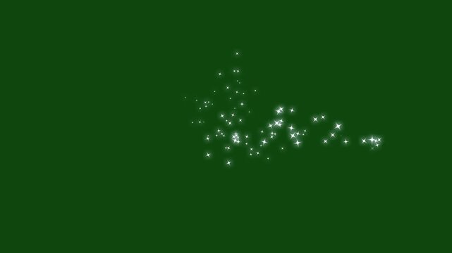 White glowing glitter particle trail, twinkling stars sparkle glowing animation cartoon doodle flat style, glitter festive christmas night starry lights effect on green screen background. 4k video