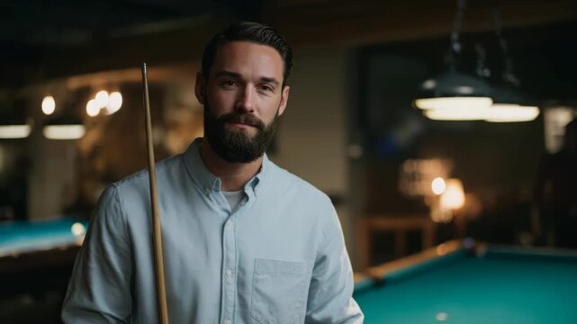 Serious bearded man holding a billiard cue in a billiards club
