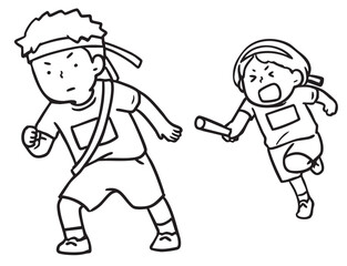 運動会のリレーのバトンパス_線画