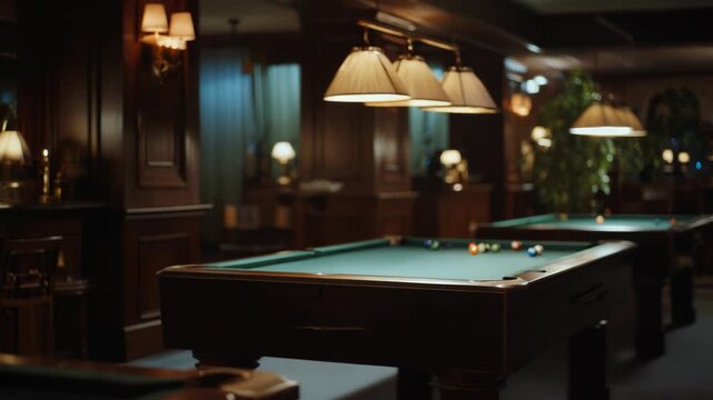 Classic billiards club with pool tables and lamps at nighttime or evening