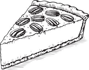 Obraz premium Pecan Pie Slice Dessert Hand-drawn Sketch Drawing Vector Illustration, Line Linear Symbol Engraving Coloring Book, Black and White Isolated