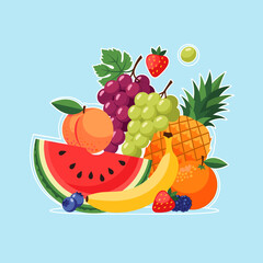Vibrant Assortment of Fresh Summer Fruits Illustration on Blue Background - Healthy Eating and Nutrition Concept Vector Graphic