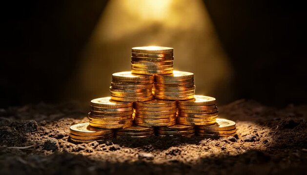 Spotlight illuminates a pyramid stack of shiny gold coins on dark ground, symbolizing wealth and growth.