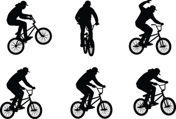 Obraz premium BMX cyclist silhouette set performing tricks, extreme sports action, urban freestyle biking poses, isolated black vector illustration
