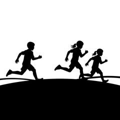 Dynamic Silhouettes of Kids Running: Boy and Two Girls Engaged in Playful Outdoor Activity, Black and White Graphic Illustration