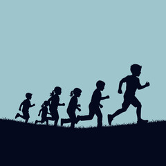 Silhouettes of diverse children running uphill on a grassy slope, symbolizing growth, progress, and active play.