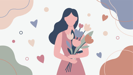 Woman Holding Valentine Flower Bouquet in Modern Pastel Flat Illustration