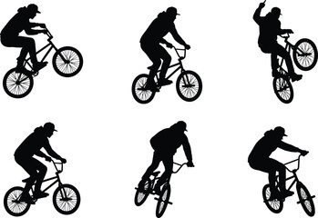 Obraz premium BMX rider silhouette set, stunt poses, freestyle tricks, cap figure, black vector art, extreme sport icon, motion sequence