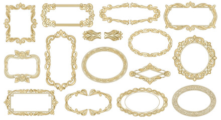 A collection of various ornate golden frames with intricate scrollwork and elegant vintage designs, suitable for antique or luxury themes.