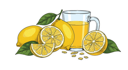 Vibrant hand-drawn illustration featuring fresh whole and sliced lemons, a glass of natural lemon juice, and scattered seeds with green leaves.