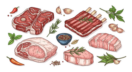 Hand-drawn illustration of various raw meat cuts including beef, pork, and lamb, accompanied by fresh herbs and spices, on a white background.
