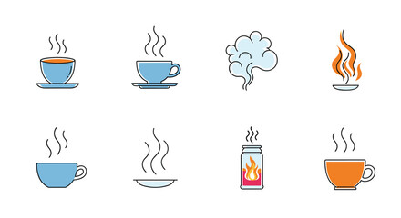 A collection of vector icons representing heat, steam, and fire, including hot beverages, smoke, and flames in various contexts.