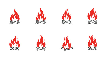 An array of identical simple campfire icons, each featuring vivid red flames atop two crossed logs, presented on a clean white background.