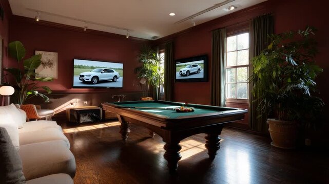 Elegant Game Room with Pool Table, Modern Decor and Natural Light
