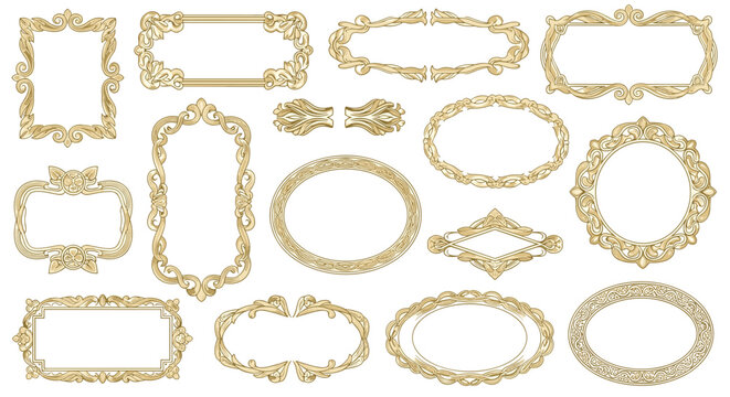 A collection of various ornate golden frames with intricate scrollwork and elegant vintage designs, suitable for antique or luxury themes.