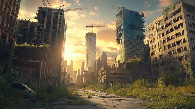 The abandoned town stood silent, with empty houses, broken windows, and streets covered in dust.