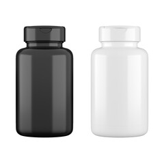 Supplement Vitamin pill black bottle 3d rendering on transparent background