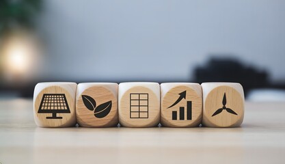 Wooden blocks with eco-friendly icons representing sustainable energy solutions solar, leaves, grid, growth, and wind power, symbolizing a path to a greener, more sustainable future