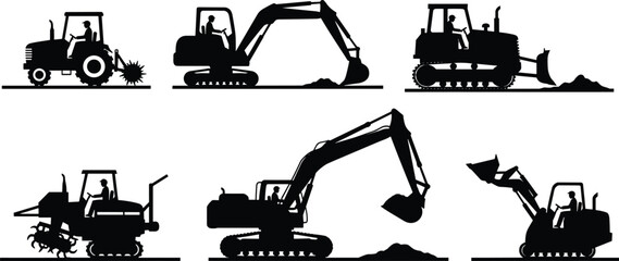 Construction and agriculture machinery, silhouette illustration, heavy equipment, excavator, bulldozer, tractor, loader, rotary tiller, black vector art, ground operation © MDBELAL