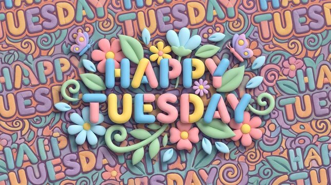 Words &lsquo;HAPPY TUESDAY&rsquo; in cheerful colorful style surrounded by fresh flowers, soft leaves, light petals, and gentle decorative elements