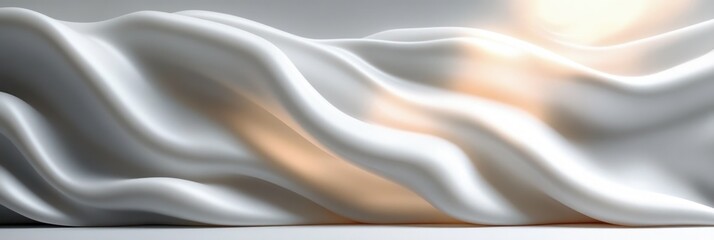 Smooth white satin fabric folds with gentle light reflections creating soft glowing highlights and a serene flowing texture