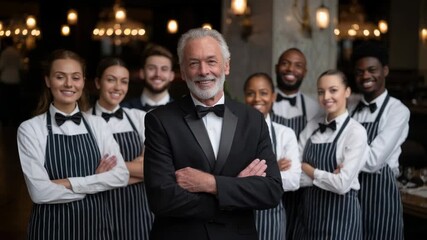 Smiling mature restaurant owner with diverse staff portraits indoors