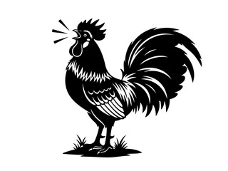 A black silhouette of a rooster crowing loudly with its beak open and tail feathers fanned out, standing on grass.