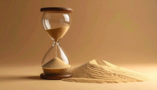 Classic hourglass with flowing sand and scattered grains on a light surface, symbolizing time and transience.