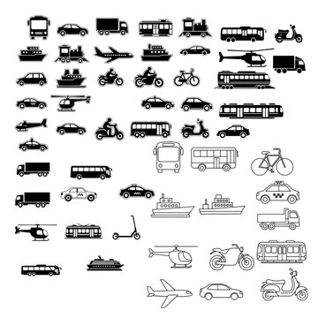 car, truck, meter , bike taxi, motorcycle, cycle, ships, helicopter, concept of complete transport silhouette pack