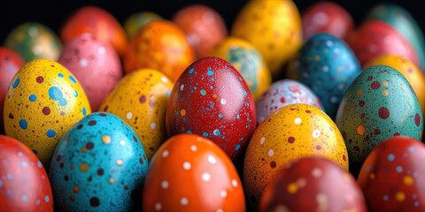 Fototapeta premium Close-up of colorful speckled eggs with varying vibrant colors including red, yellow, blue, orange, and green arranged closely together, evoking a festive and cheerful mood