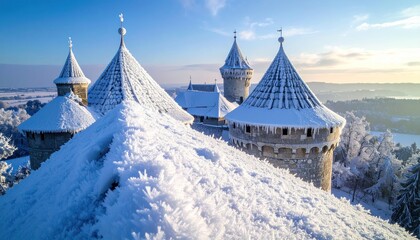 Fototapeta premium Aerial view of a historic stone castle with snow-covered conical roofs on a sunny winter day