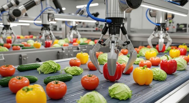 agri robotics innovation concept. Automated machines sorting fresh vegetables on a conveyor belt.