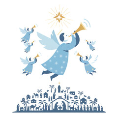 Fototapeta premium PNG cut out isolated background. A minimalist geometric illustration of the central figures of the Christian Nativity scene: Mary and Joseph attending to the baby Jesus in the manger.