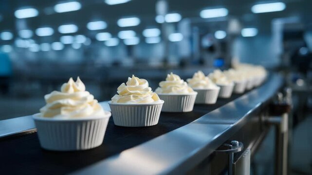 Cupcakes with Cream on a Conveyor Belt in a Factory Setting