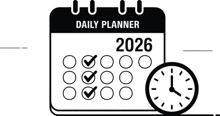 Obraz premium Daily Planner 2026 with Checked Tasks and Clock