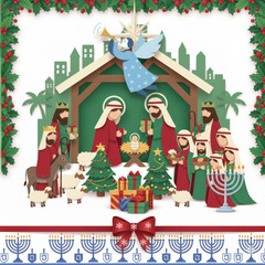 Fototapeta premium A layered paper cut style illustration combining the Christian Christmas Nativity scene with the Jewish Hanukkah celebration. 