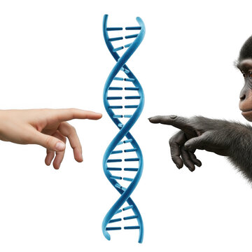 Human hand and monkey hand reaching towards a dna double helix, symbolizing evolution and connection, isolated on transparent background