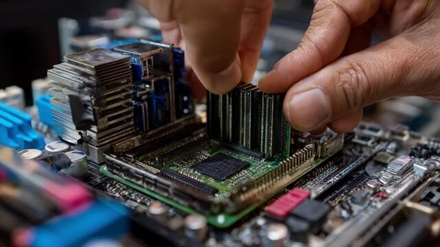 Technician installing extra RAM module into a tiny desktop motherboard enhancing memory capacity for improved home computing performance